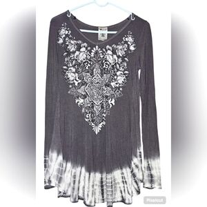 Vocal Women's Medium Hi-Lo Grey/White Ombre Tye-dye tunic